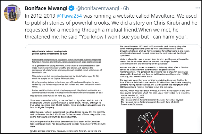 BONIFACE MWANGI Speaks how CHRIS KIRUBI threatened to kill him