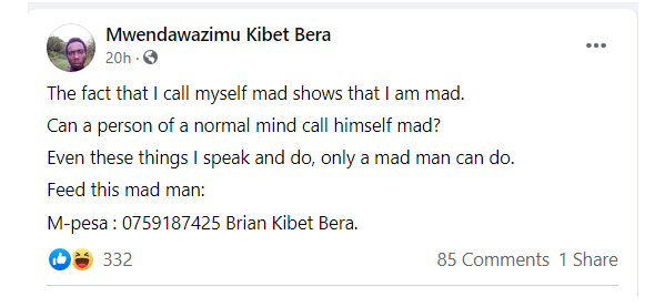 BRIAN KIBET, JKUAT student who was arrested after Trespassing State House shares photos eating grass says he is mad