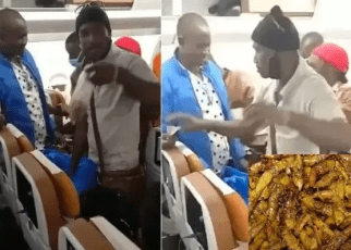 SHOCKING: Man caught on video hawking grasshoppers in Uganda Airline plane