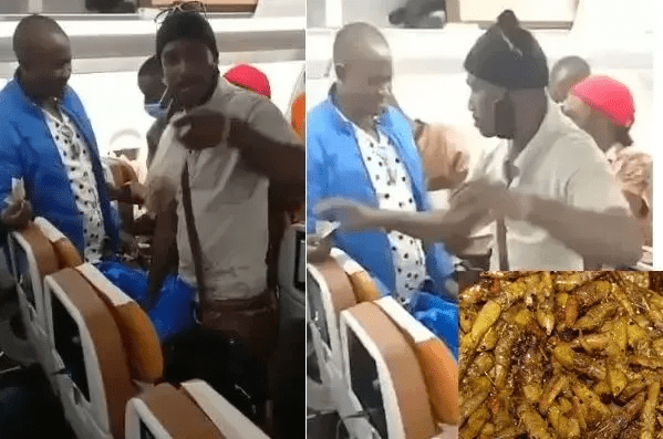 SHOCKING: Man caught on video hawking grasshoppers in Uganda Airline plane