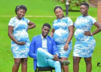 Ndume Kamili: Man poses for a photo with three ladies he has impregnated! -Father Abraham in the Making.
